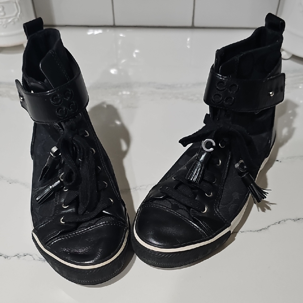 Coach Black Lace-Up Women's High Top Sneakers with Buckle